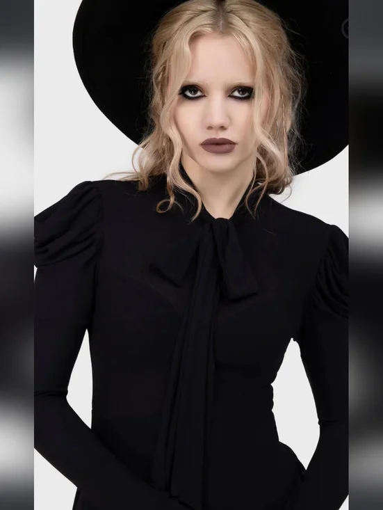 Killstar Black Long-Sleeve Tie-Front Asymmetric Dress - Picture 3 of 5